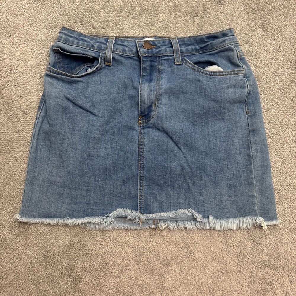 O2 Denim Mini Jean Skirt Womens Small Blue Medium Wash Cotton Raw Hem Casual